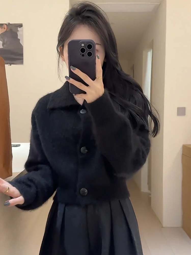 Mohair Lapel Short Thickened Cardigan sweater Outerwear Women Autumn and Winter Korean Series Idle Sle Soft Glutinous Knit Top |