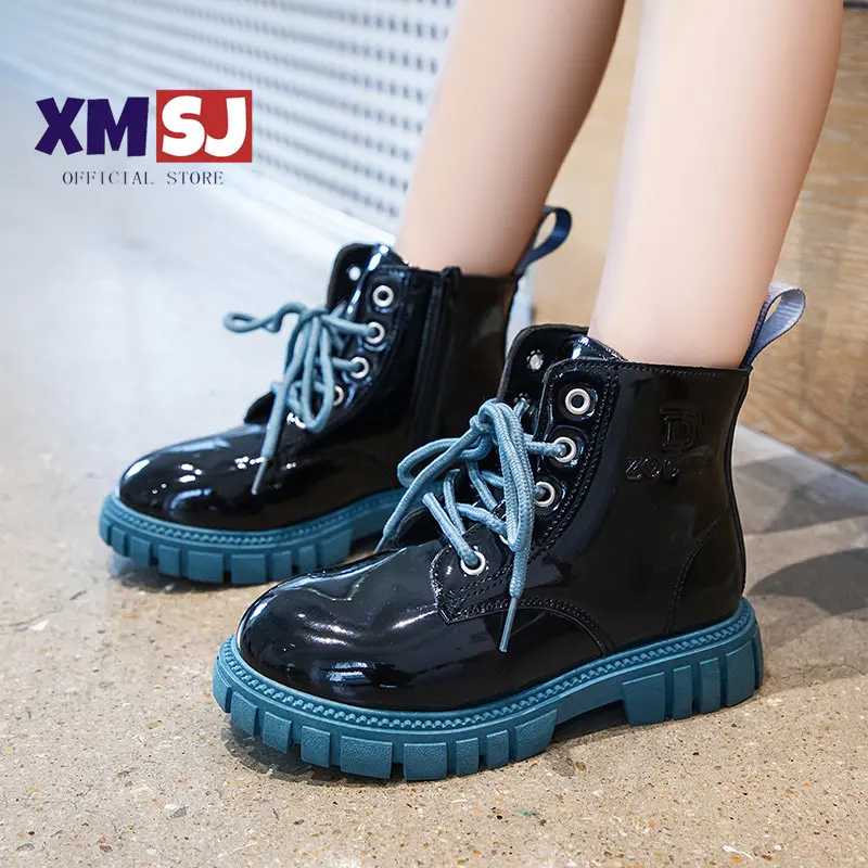 Children Boots Black Unisex Chunky Patent Leather Kids Boot Short Waterproof Anti-slip Handsome 26-36 Boys Girls Shoe