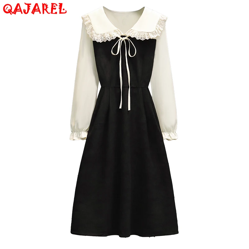 

Women Black Patchwork Lace Doll Collar Midi Dress Spring Autumn Korean Vintage Hepburn Dress 2022 Elegant Bodycon Party Vestidos