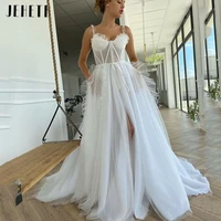 jeheth white sweetheart neck dots tulle backles prom celebrate dress spaghetti straps a line side high split evening party gowns