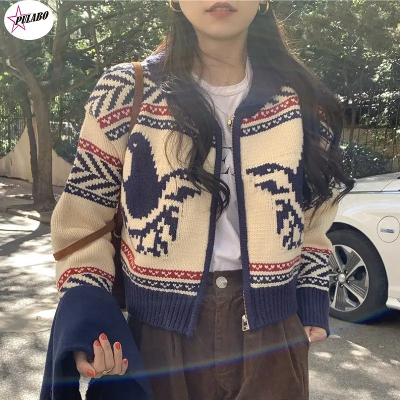 

PULABO Vintage Jacquard Knitted Cardigan Women 2022 Autumn Zipper Long Sleeve Sweater Coat Korean Chic Lazy Fashion Cardigans