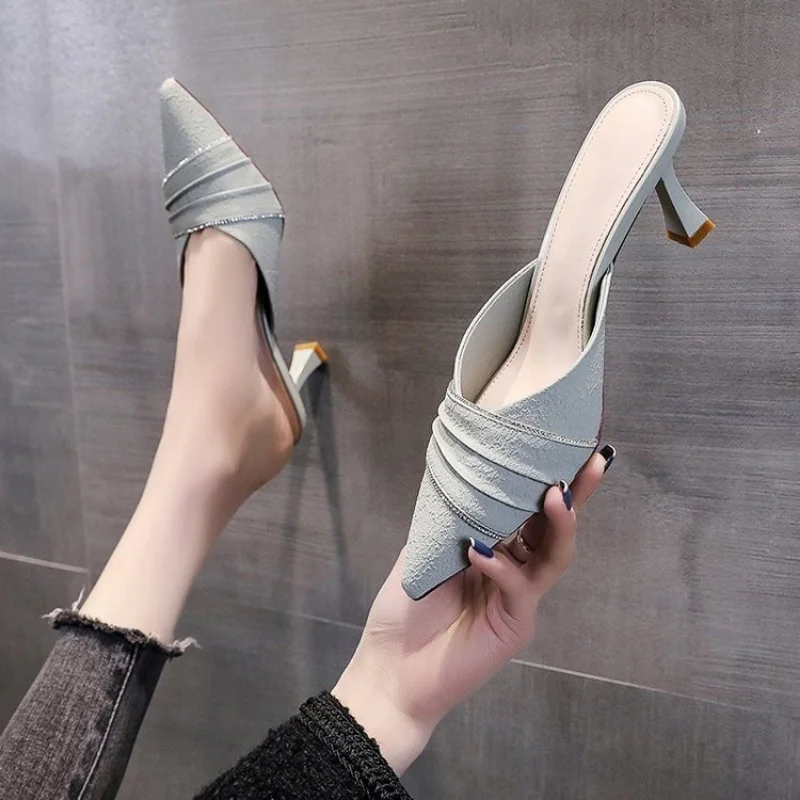 A8 Summer New Pointed Rhinestone Slippers Women's Style Fashion Shallow Mouth Comfortable High Heel Single Shoe Women