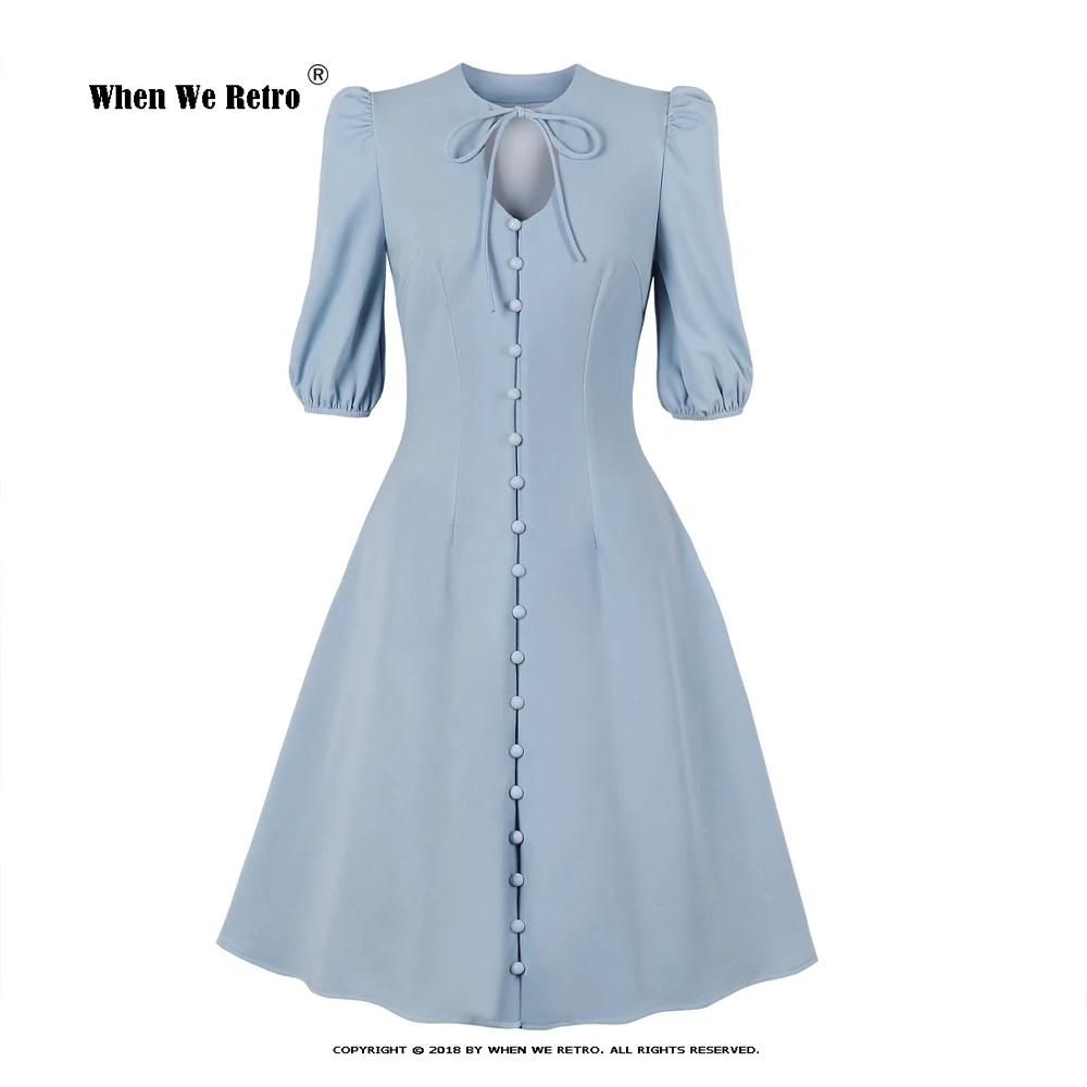 

Женское Хлопковое платье с пышными рукавами, синее винтажное платье в стиле Хепберн 50-60-х годов, с пышными рукавами, в стиле ретро, модель VD3462...
