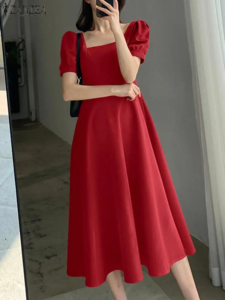 

Платье ZANZEA женское с квадратным вырезом, модный приталенный сарафан-трапеция с пышными рукавами, однотонное элегантное модное строгий платье, 2023