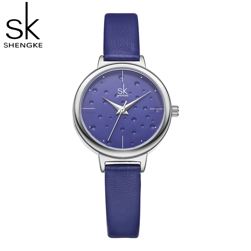 SHENGKE Watches for Women Top Luxury Brand Watch for Ladies Free Shiping Famous Original Blue Leather Strap Quartz Wristwatches