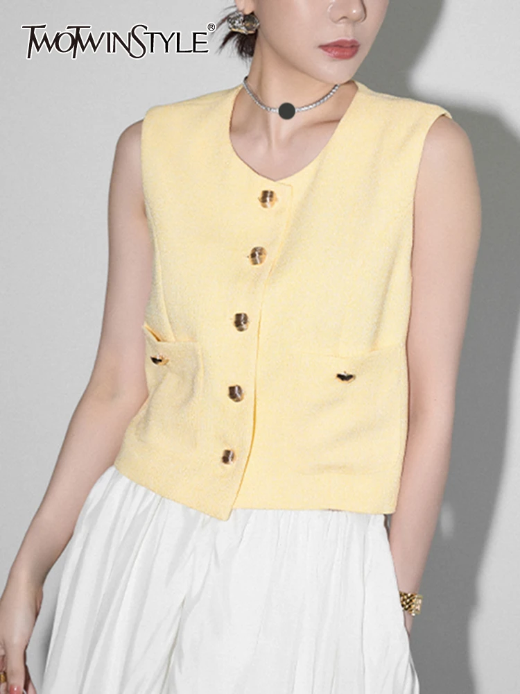 

TWOTWINSTYLE Solid Waistcoats For Women V Neck Sleeveless Patchwork Double Breasted Casual Loose Off Shoulder Waistscoat Female