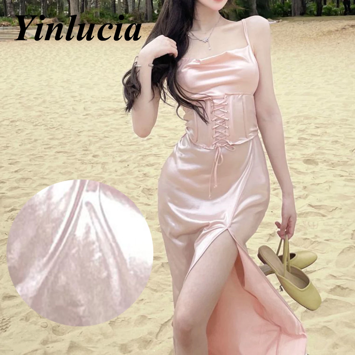 

Shiny Dress Elegant Sexy High Slit Corset Suspender Slim Dress Casual Party Prom Midi Dresses Bridesmaid Ladies Pink Summer