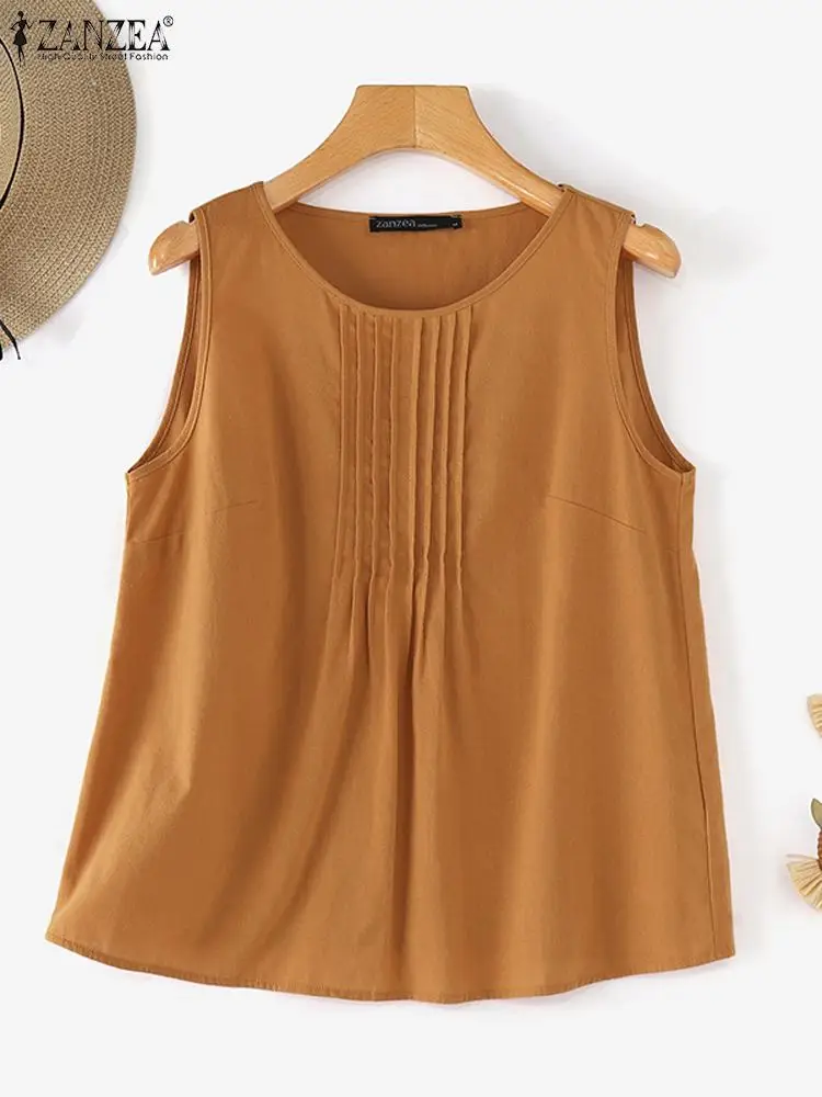 Винтажная однотонная летняя блузка ZANZEA без рукавов с круглым вырезом стильная