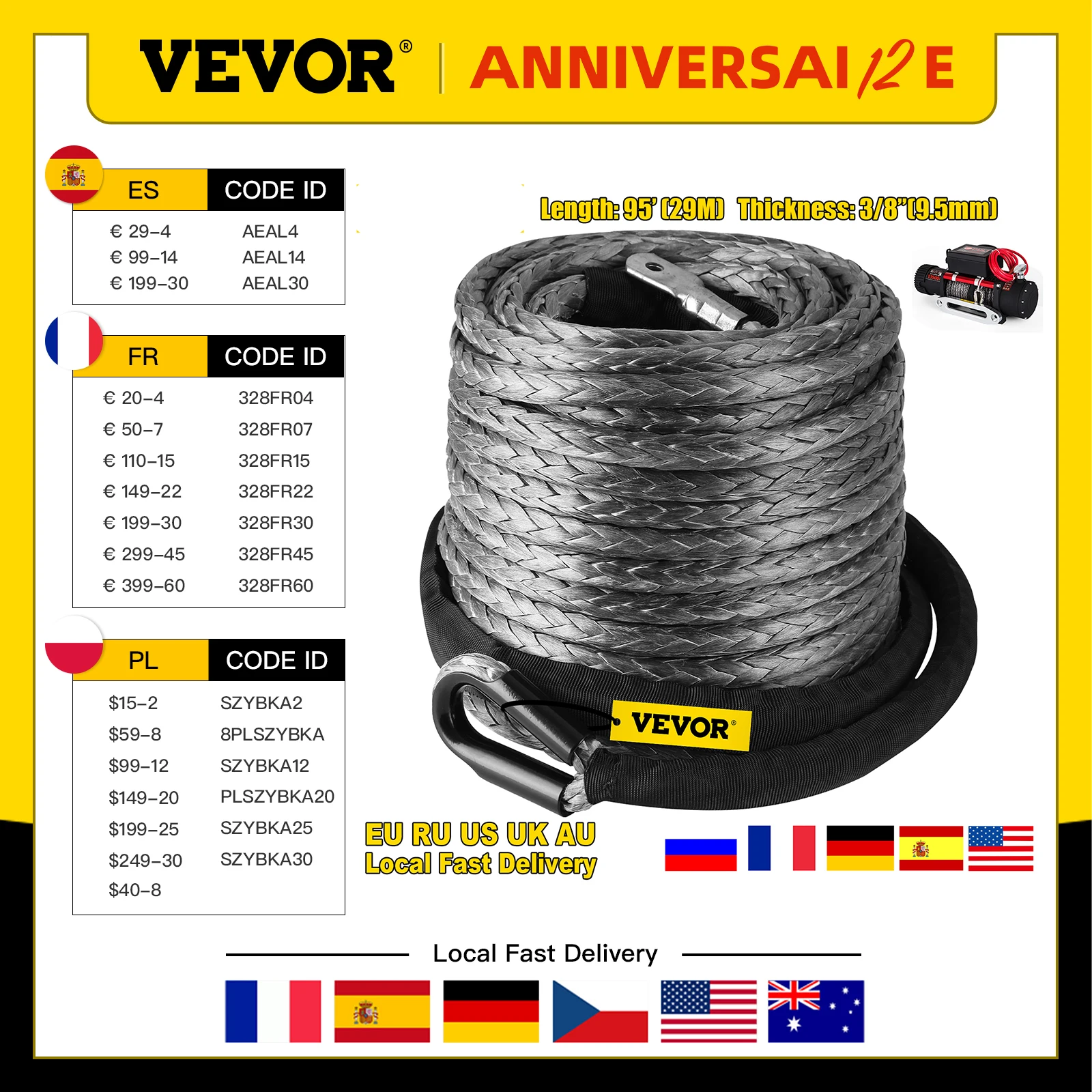 

VEVOR 29M Synthetic Winch Rope Tow Car 4x4 Accessories Off Road Trailer Strap Breaking Strength Max 20500LBS for ATV SUV Vehicle