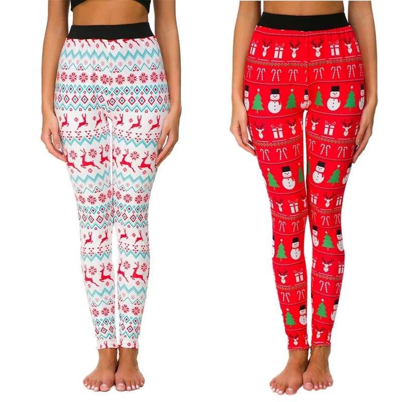 

2 Pcs Women Leggings Casual Snowflake Christmas Deer Print Slim Long Pants Ladies Sweatpants Trousers 5XL, White & Red