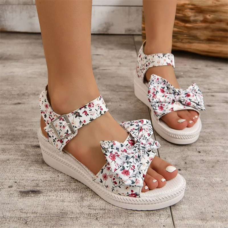 Shoes for Women 2023 Basic Women's Sandals Summer Casual Sandals Women Fashion Bow Wedges Shoes Ladies Print Platform Sandals