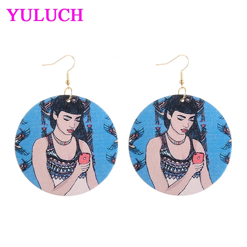 

YULUCH Women Round Wooden Africa/India Ladies Portrait Printing Earrings Girls Casual Unique Cartoon Girl Patterns Hook Earrings