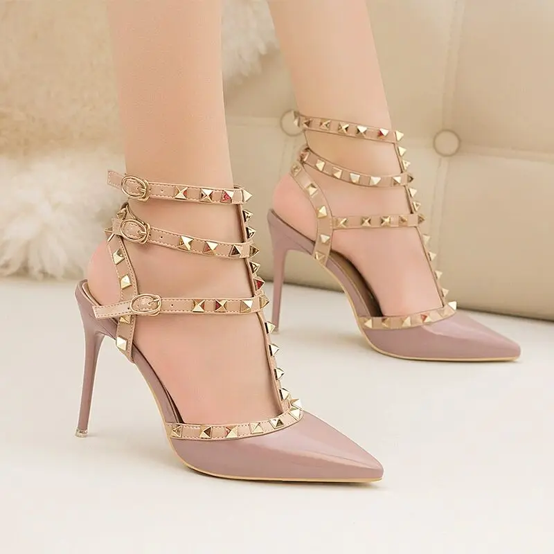 

Women Rivet Pumps Shoes New Metal Pointed High Heels Women's Leather Stiletto Single Shoes With Roman Baotou Mid-Heeled Sandals
