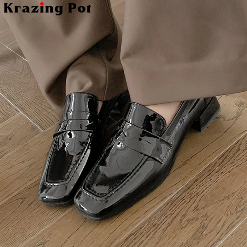 

Krazing Pot Fashion Cow Leather Thick Heel Classics Square Toe Mature Spring Autumn Shoes Solid Sewing Preppy Style Women Pumps