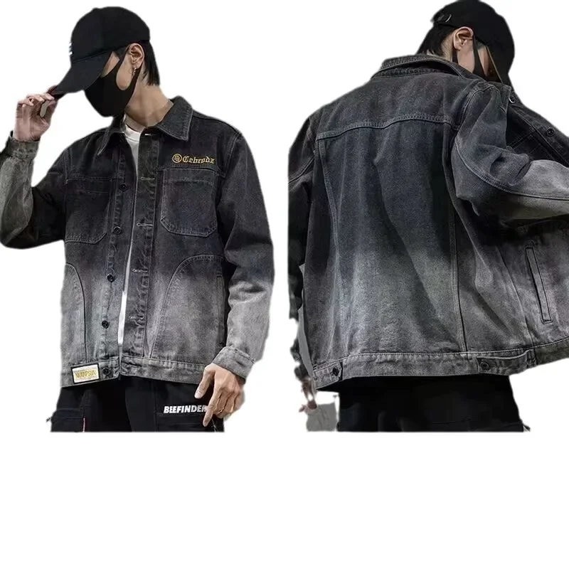 Джинсовая куртка мужская с вышивкой модная универсальная Свободная майка из
