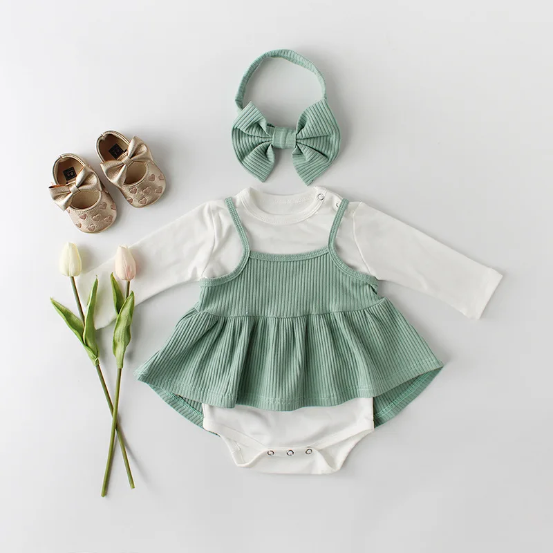 

Infant Baby Girl Suits Autumn Clothes Romper Top And Dress headband Cotton Solid Color Outfits Bebe Infant Clothing Sets