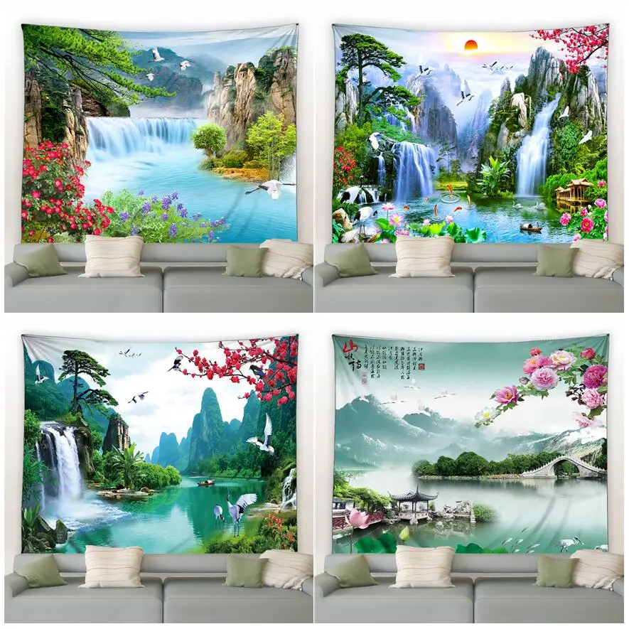 

Натуральная яркая Гора с водопадом, птицы, цветы заката, настенное украшение в китайском стиле для гостиной и сада