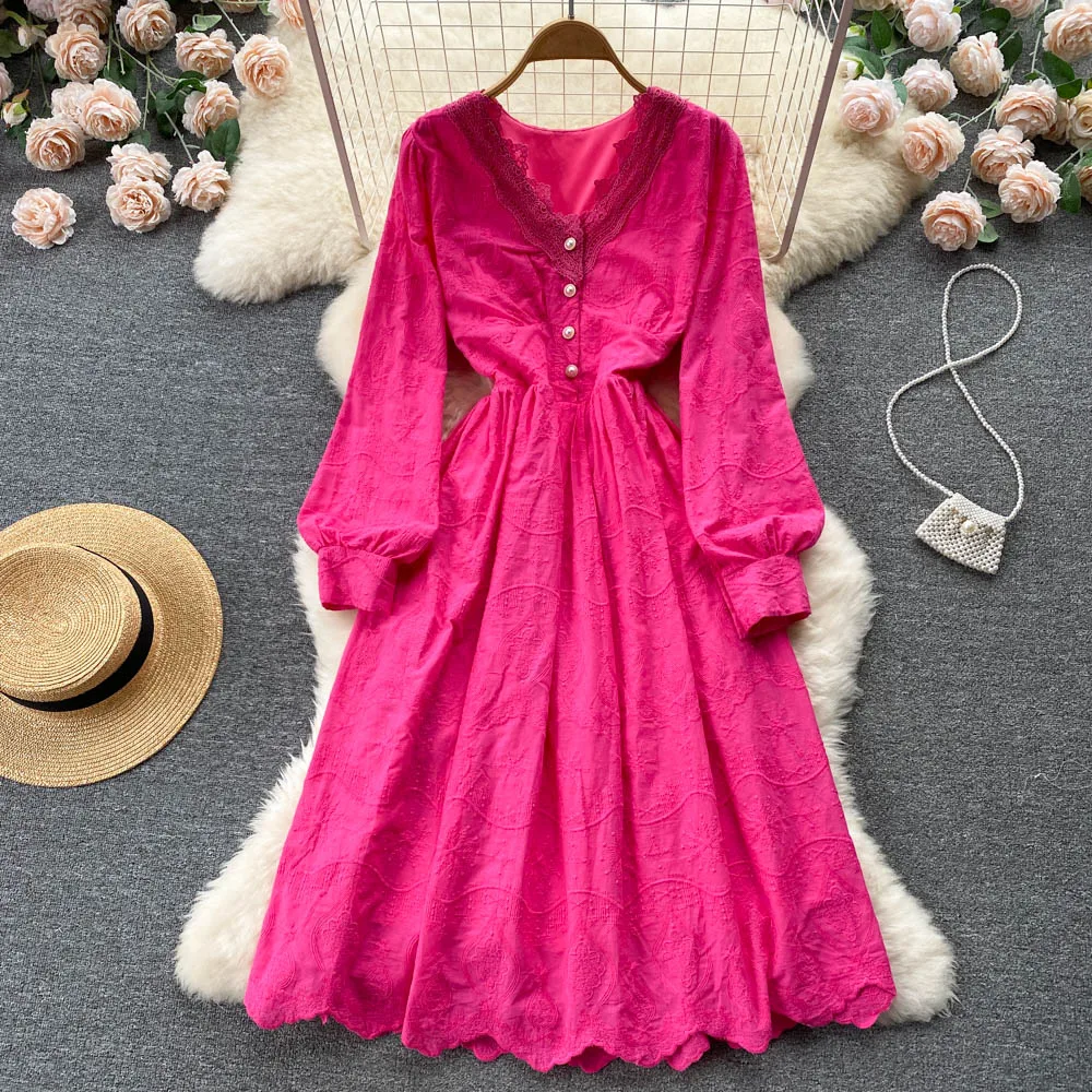 

French Jacquard Lace V-neck Dress Women New Fashion Spring Autumn Long Sleeve Korean Fluffy A-line Dresses Elegant Vestidos G846