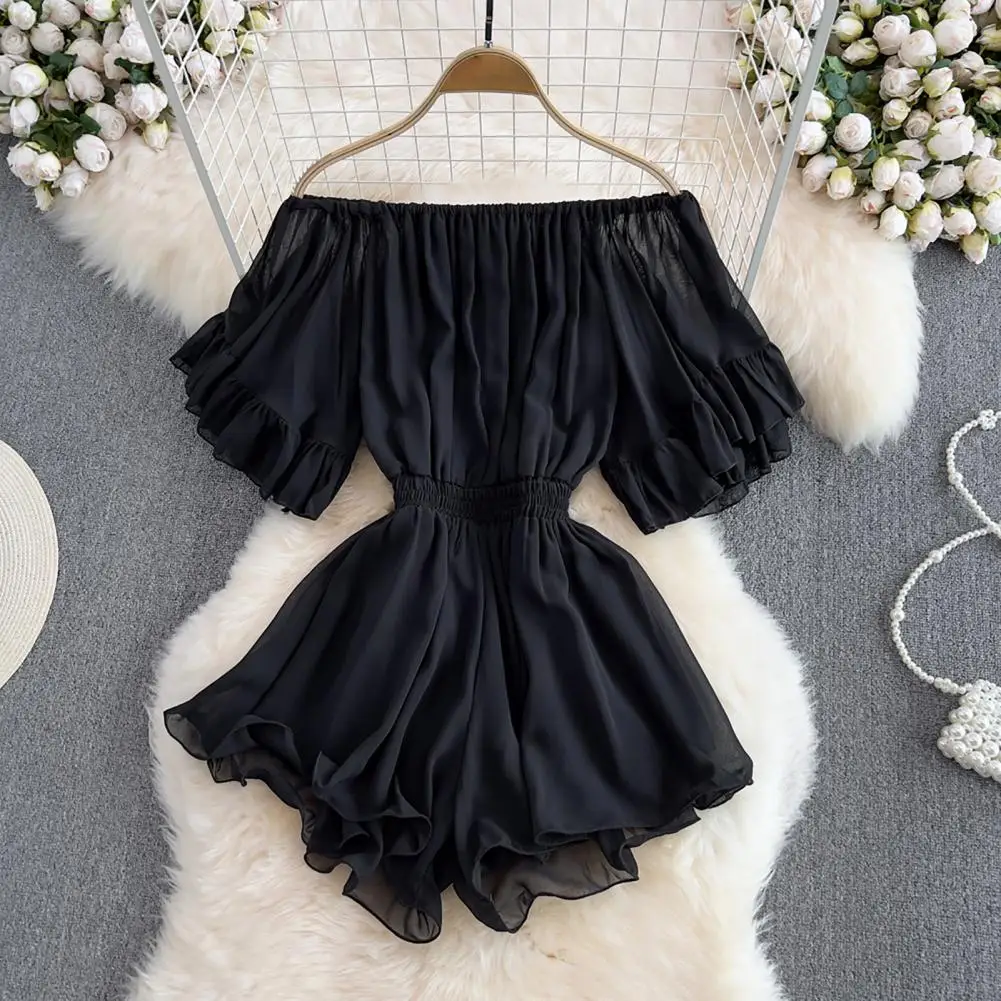

Women Rompers Backless Rompers Trendy Women's Off Shoulder Rompers Stylish Horn Sleeve Ruffles High Waist Patchwork for Parties