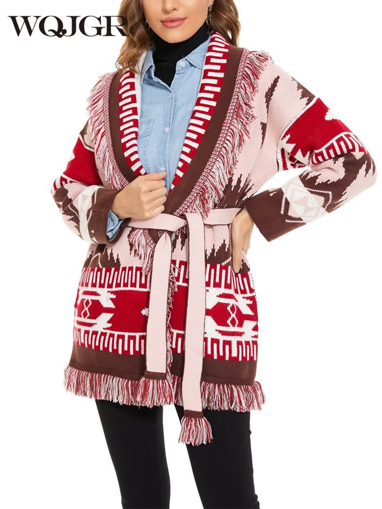 

Высококачественный кардиган WQJGR, свитер, женское жаккардовое шерстяное кашемировое вязаное Свободное пальто с кисточками и длинными рукавами, модное зимнее вязаное пальто