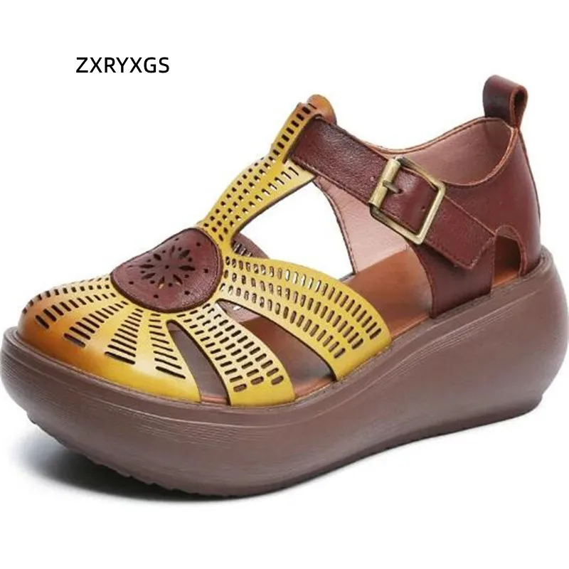 

2022 New Summer High Quality Pu Spell Color Women Fashion Sandals Wedges Thick Sole Heightened Shoes Roman Sandals for Women