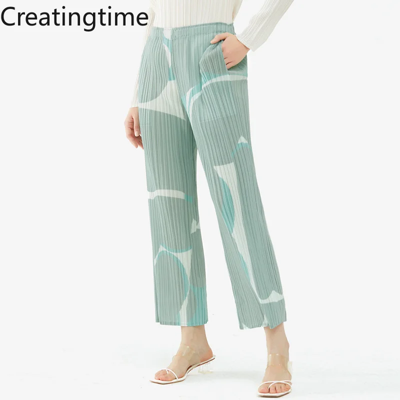 

Creatingtime 2022 Spring Summer New Fashion Women's Printed Loose Straight Pleated Wide-leg Mid-waist Casual Trousers GA454