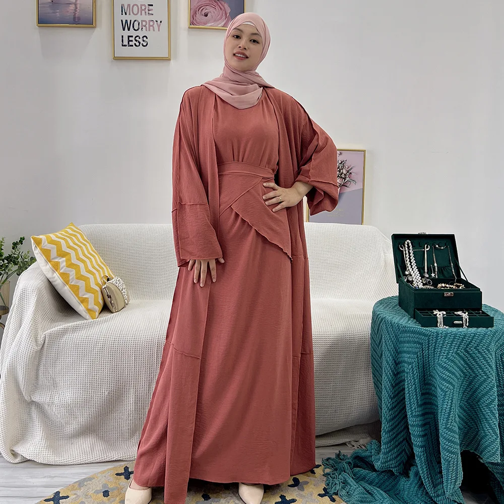 3 Pieces Set Matching Set Muslim Maxi Dress Women Clothing Hijab Open Abaya For Turkey Iran Dubai Ramadan Islam Skirt