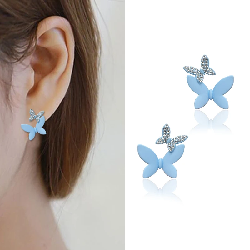 

Blue Butterfly Stud Earrings with Silver Post Double Butterflies with CZ Earring Statement Jewelry for Women