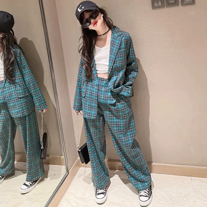 

Girls Plaid Suit Autumn Green Blazers Trousers Two Pieces School Teen Kids Clothing Set Casual Loose Children Costumes 10 12 Y