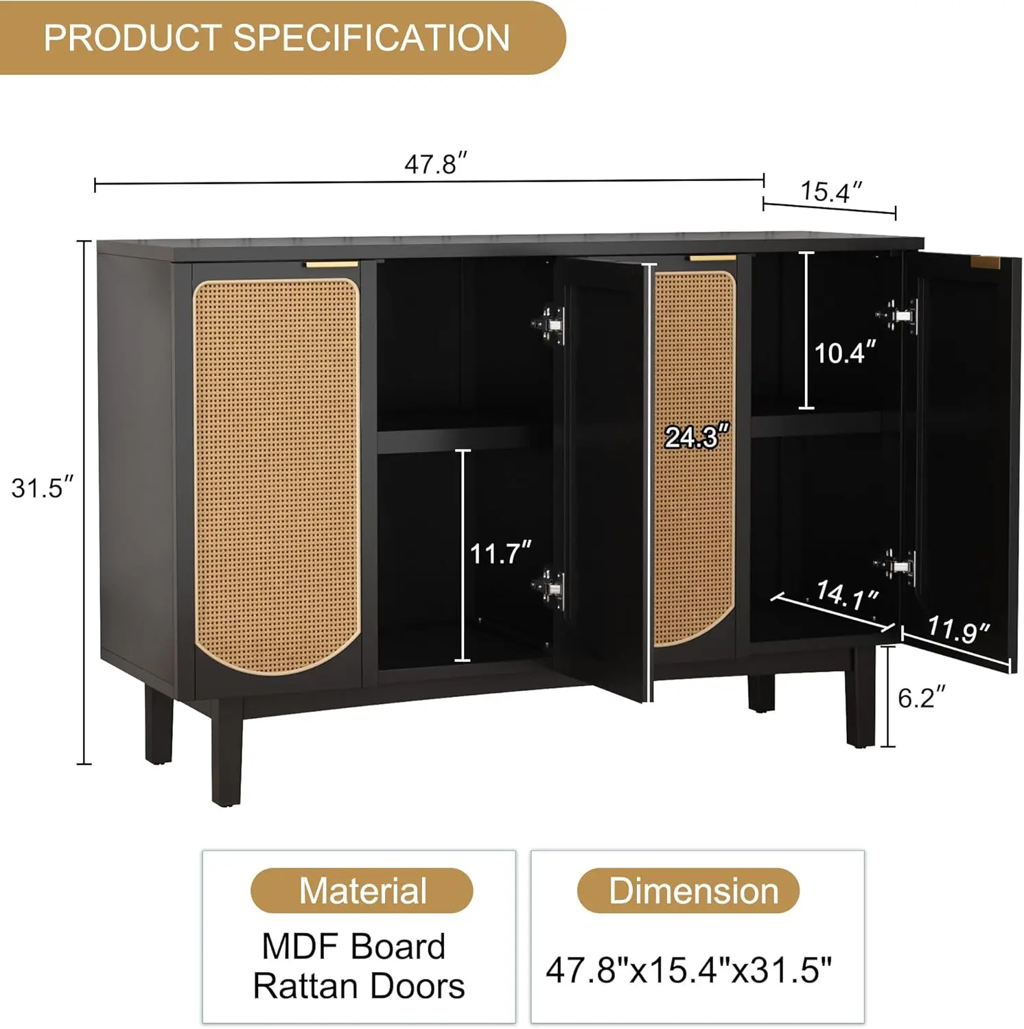 Шкаф-буфет ARTPOWER с 4-мя дверцами из ротанга акцентный шкаф для хранения полками