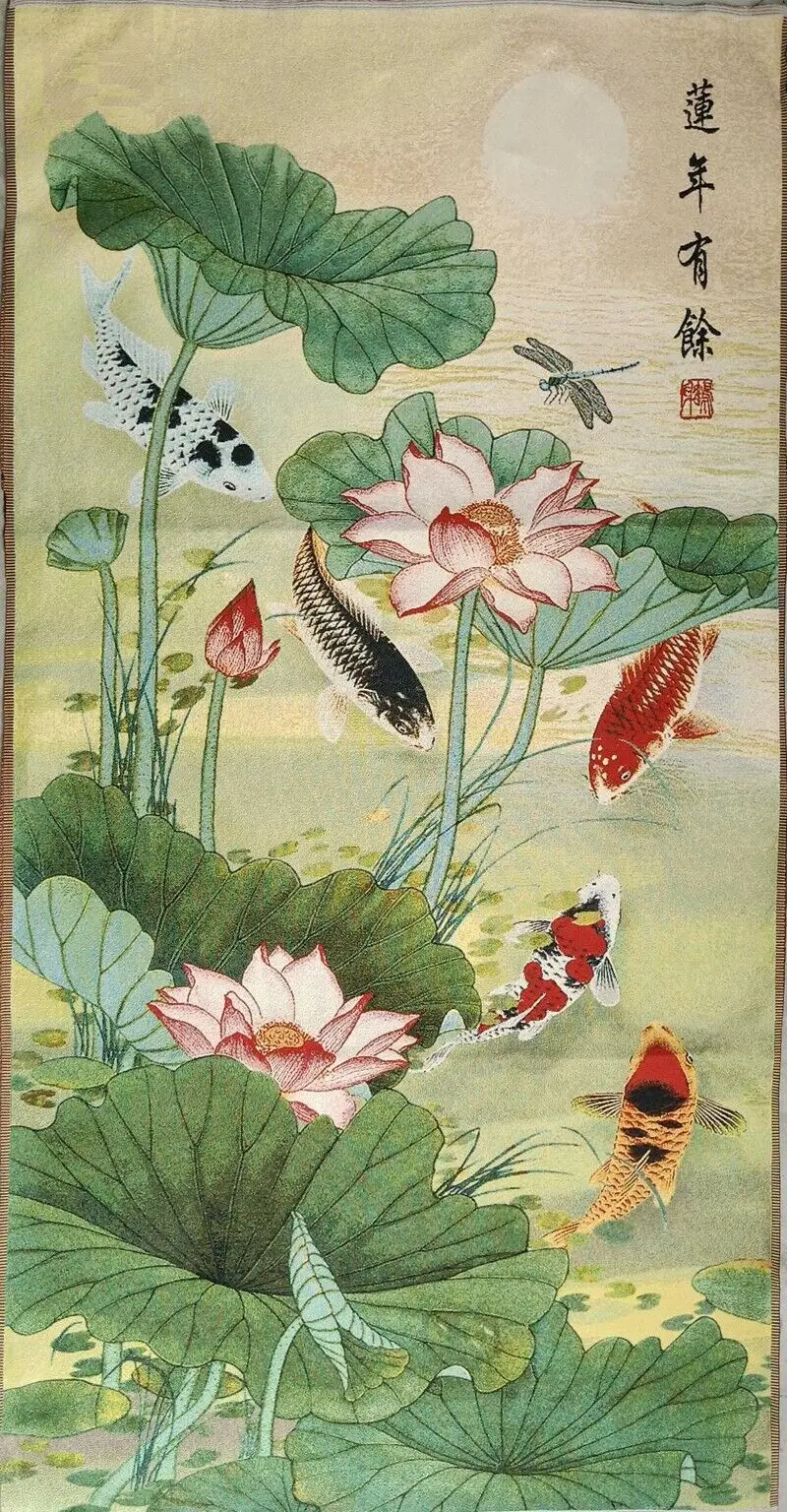 

Exquisite Chinese Old Silk Embroidery painting "Lotus Fish“ 90253