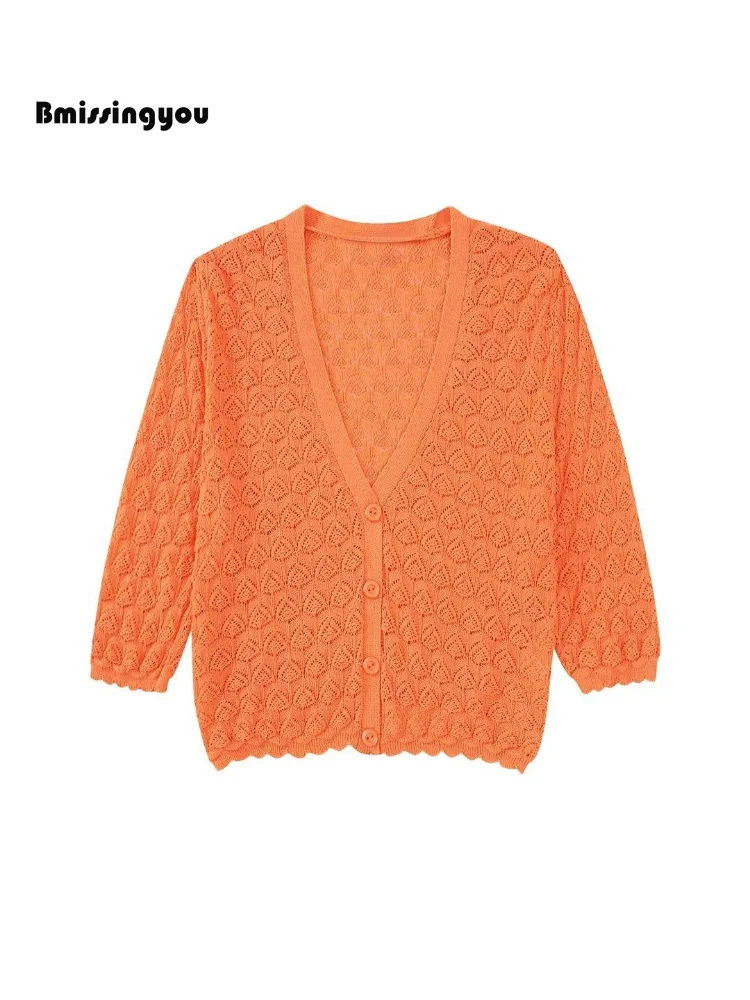 

Bmissingyou Orange Hollow Sexy Short Knit Cardigan Sweaters Short Sleeve Single Breasted Fashion Ladies Tops Slim Fits