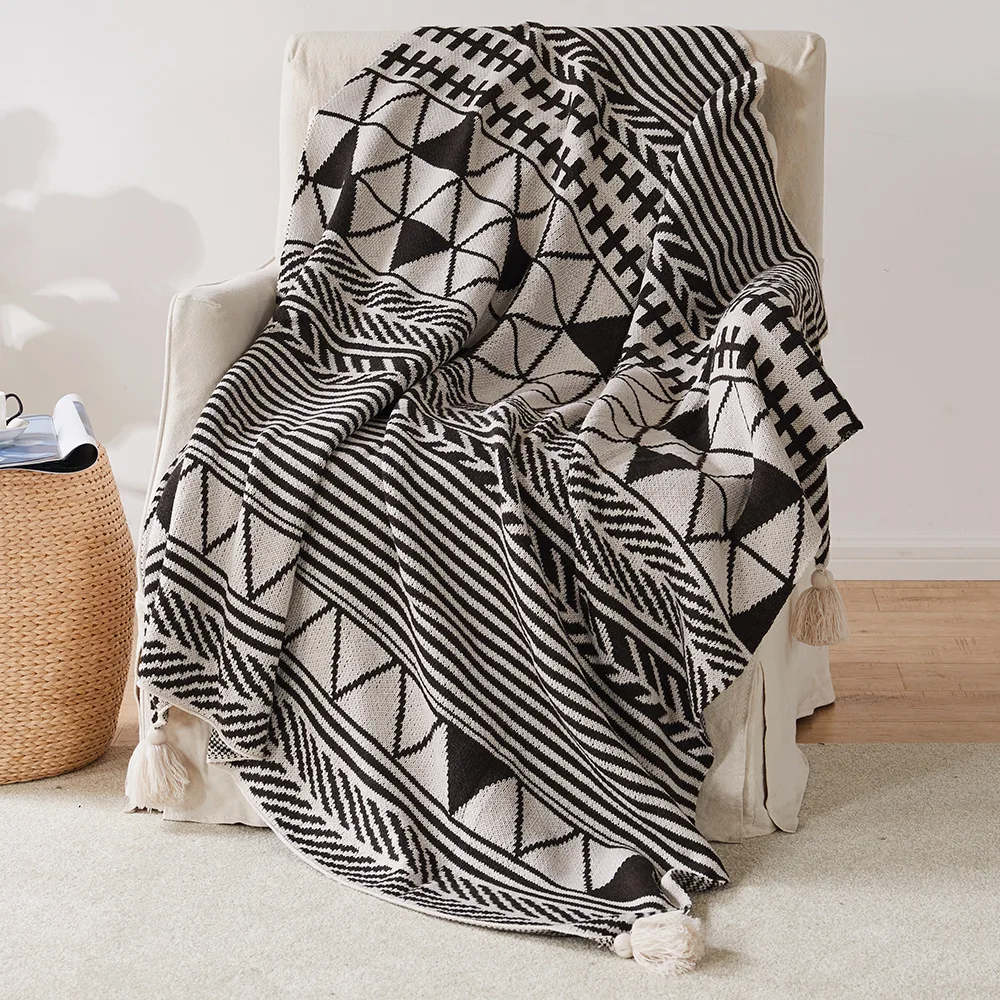 

Boho knitted blanket geometry jacquard shawl winter warn acrylic nap travel blanket bedspread sofa cover home textile decoration