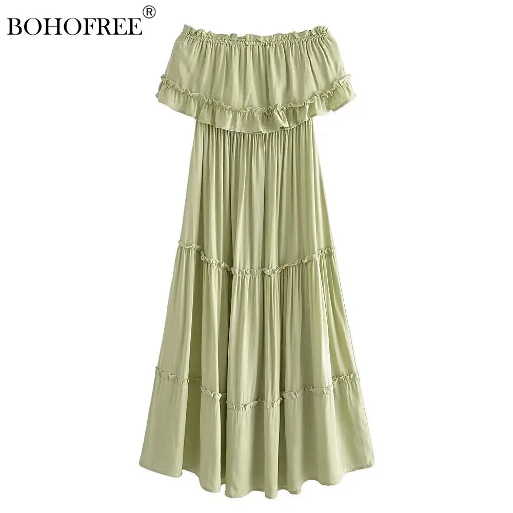 

Vintage Palin Dress Off-shoulder Solid Maxi Hippie Beach Dress Holiday Casual Ladies Spring Summer Vestidos Bohemian Dresses