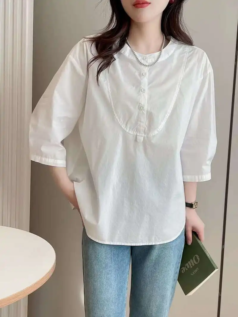 Женская хлопковая рубашка с воротником-стойкой однотонная Свободная