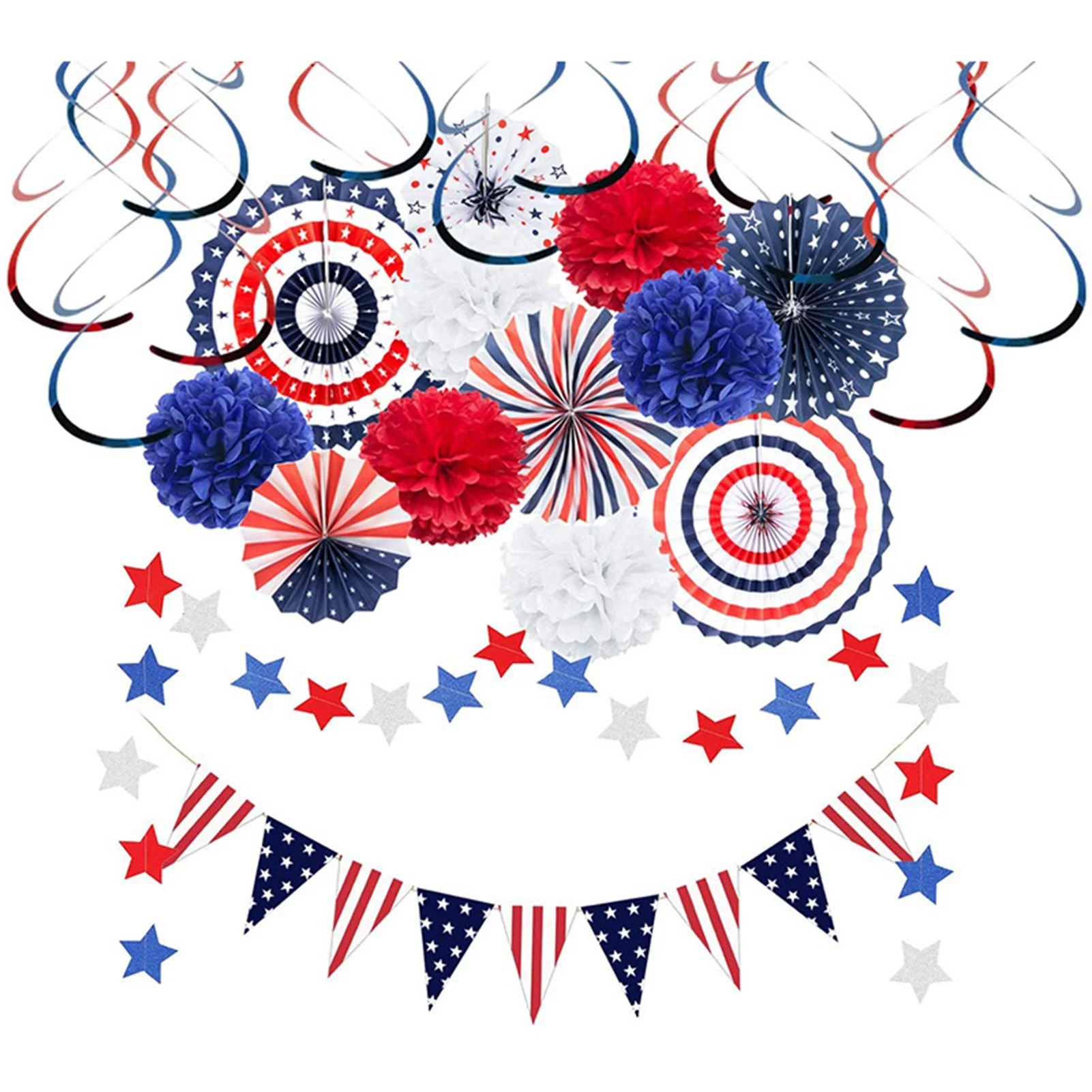 

Patriotic Party Decorations Set Independence Day Decorations Set Red Blue White American Swing Paper Fans Star Pull Flower Rain