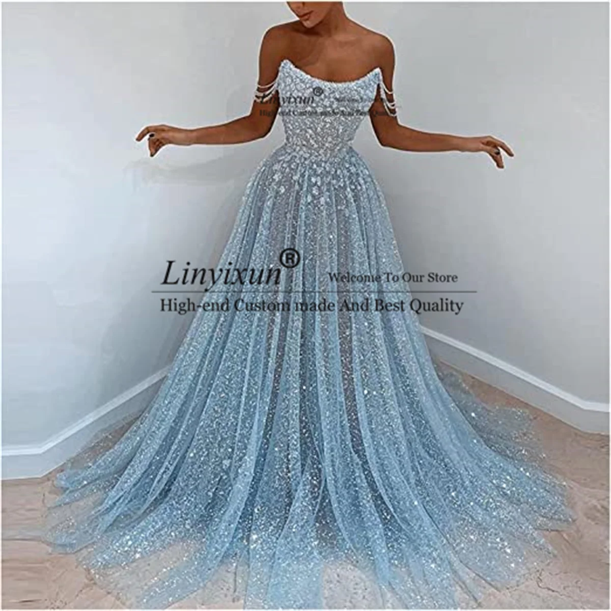

Bling Bling Sequins Prom Dresses Glitter Beaded Formal Evening Party Gown Sexy Sleeveless A Line Court Train Women Robe De Bal