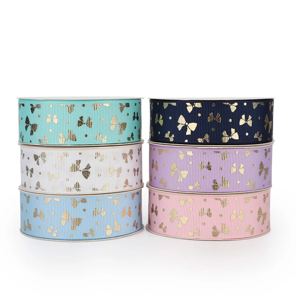 

5 Yards 2.5CM Hot Stamping Bow Printed Grosgrain Ribbon for DIY Headwear Accessories Party Home Decoration Gift Wrap