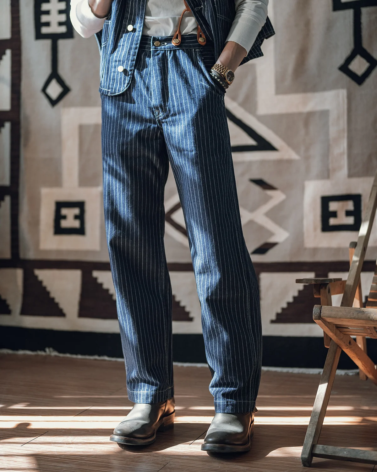 

Не в наличии, комбинезон на талии 1920-х, джинсы в полоску, мужские рабочие брюки цвета индиго в стиле ретро