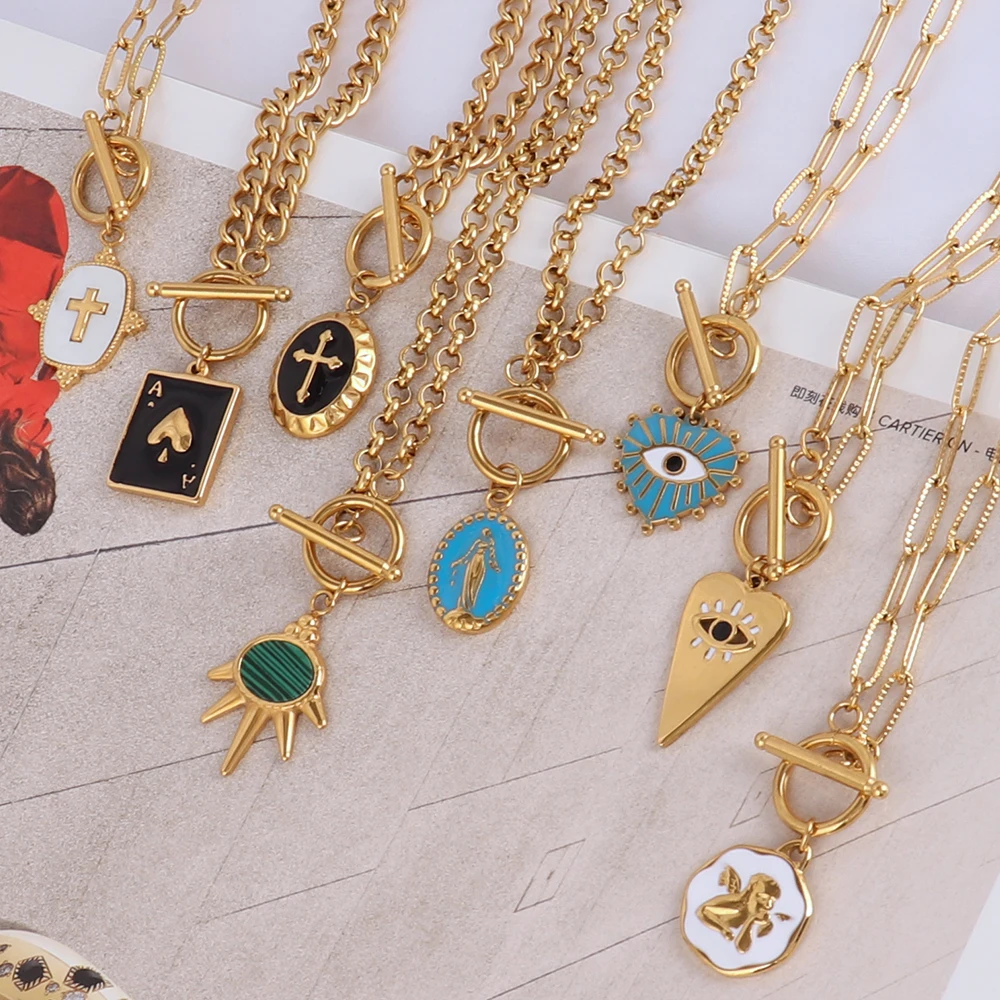 

Gold Color Enamel Pendant Necklace Stainless Steel Necklace For Women Colorful Choker Necklaces Clavicle Chain Necklace Jewelry