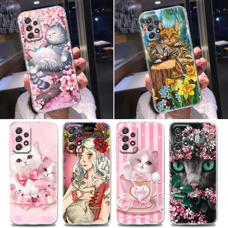 

Silicone Clear Case For Samsung Galaxy A52 A51 A53 A72 A71 A73 A32 31 A33 A22 A11 Soft Case Cover Cute Cartoon Cat Flower Animal