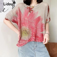 y2k vintage floral printed hollow out knitted blouse woman 2022 summer new casual short sleeve oversized loose pullovers shirts