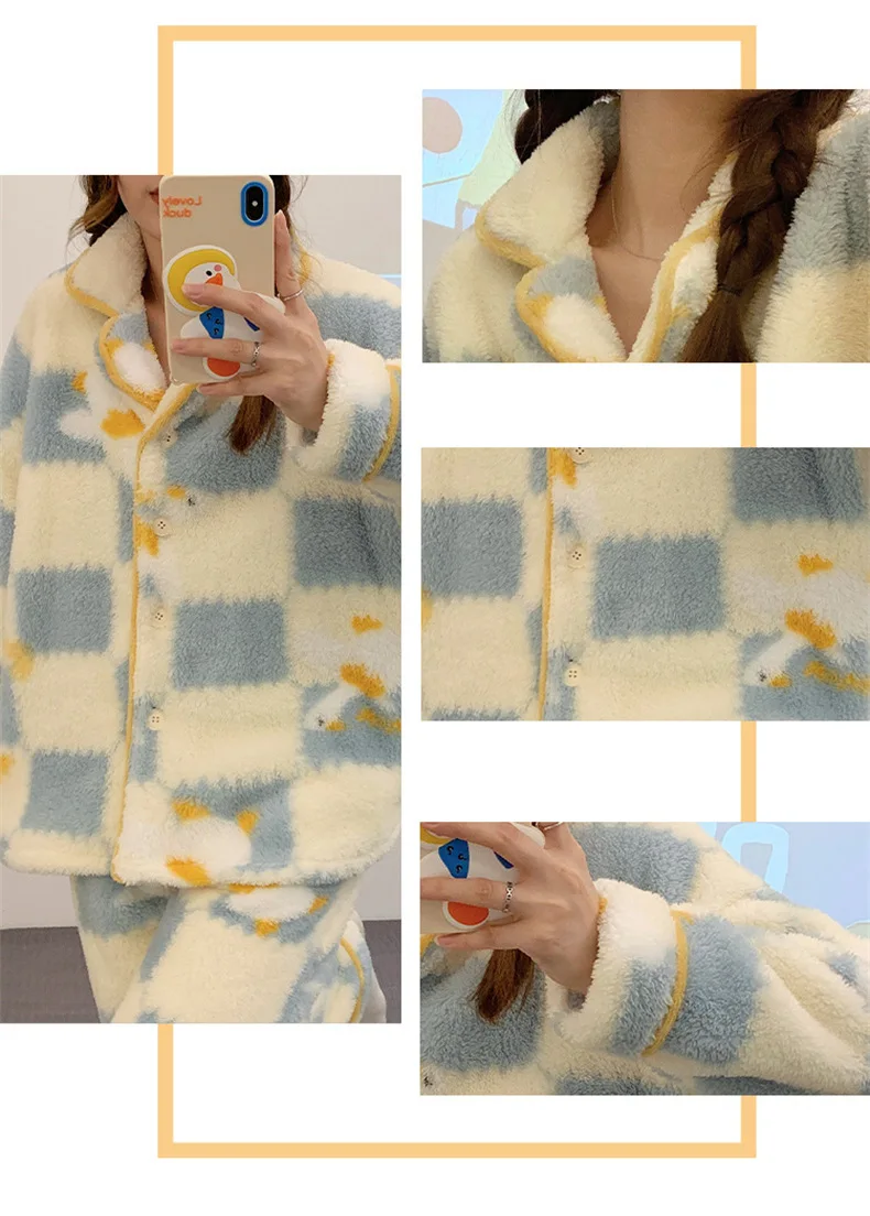 Yasuk Autumn Winter Fashion Women's Casual Lovely Print Dunk Warm Soft Sleepwear Pajamas With Pants Velvet Pullover Thick Button