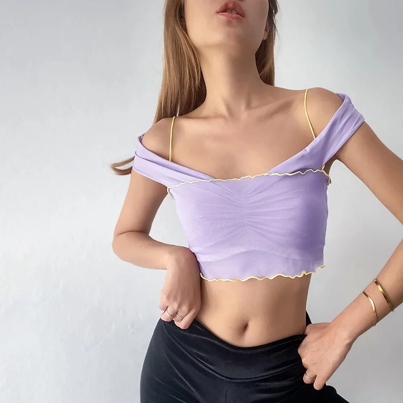 

Summer Clothes for Women Purple Short Off-the-shoulder Y2k Clothes Mesh See-through Fake Two-piece Top Sexy Tops Women 2022