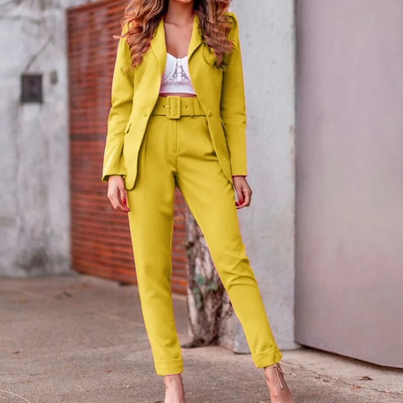 

Office Lady Solid 2 Pieces Sets Long Sleeve Notched Blazers Ankle Length Sashes Pants Candy Color Female Work Wear 2 Pieces Sets