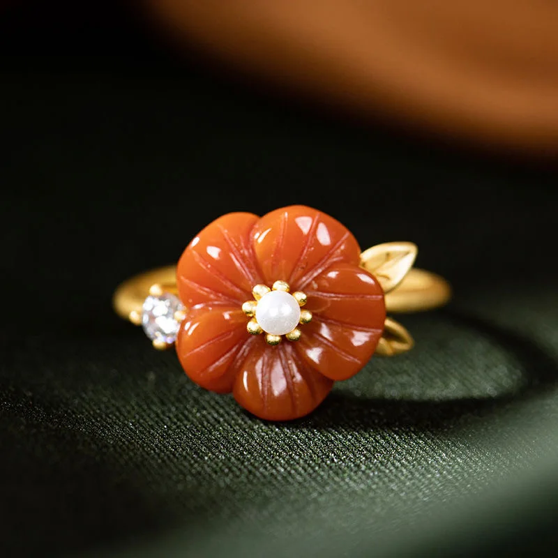 Anillo ajustable Vintage para mujer, amuleto de plata 925 con flor de ágata roja del Sur, joyería de cristal, amuleto, calcedonia, circonita