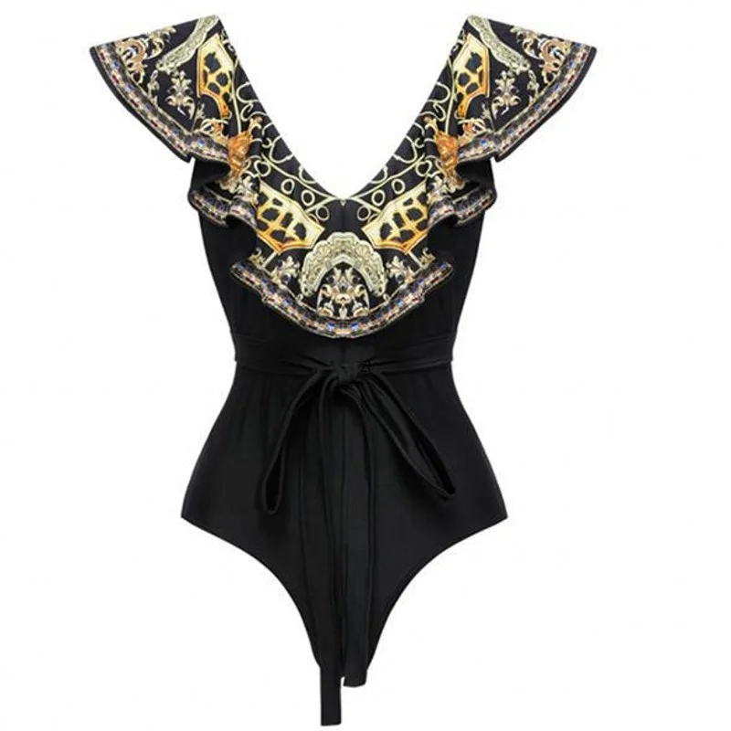 One Piece Swimsuit 2 Piece Sets Womens Outfits Luxury Summer Beach Dress Set Black Vintage Print Wrap Chest Sexy Swimsuit Set