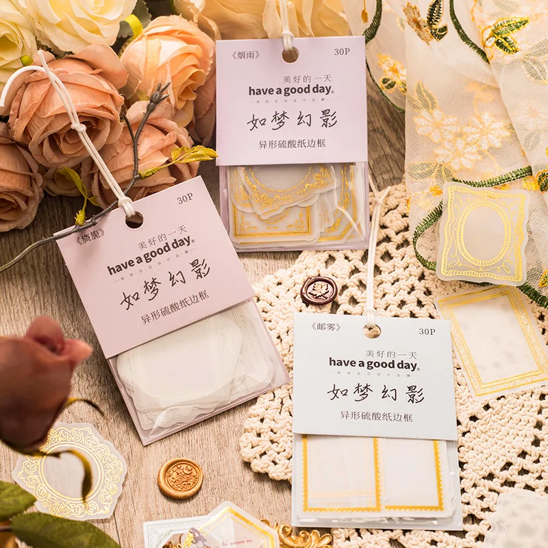 

30pcs/pack Vintage Frame Stickers Golden Rim Deco Paper For Collage Junk Journals Card Making Scrapbooking DIY