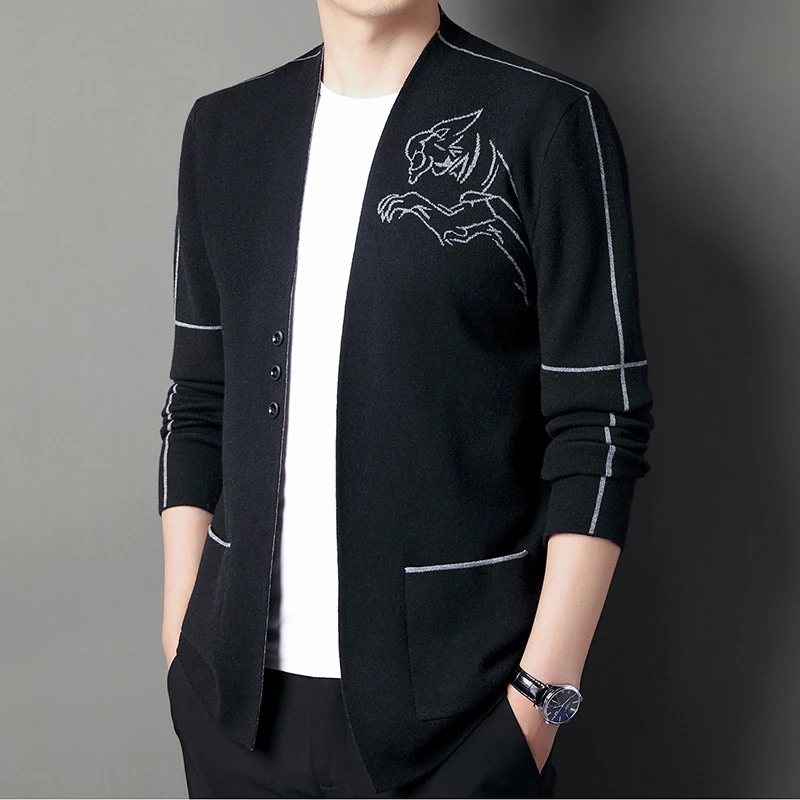 Men's Spring and Autumn Sweater Knitting Embroidery Casual Cardigan Jacket Size M-4XLV Collar Without Placket New Men's Clothing