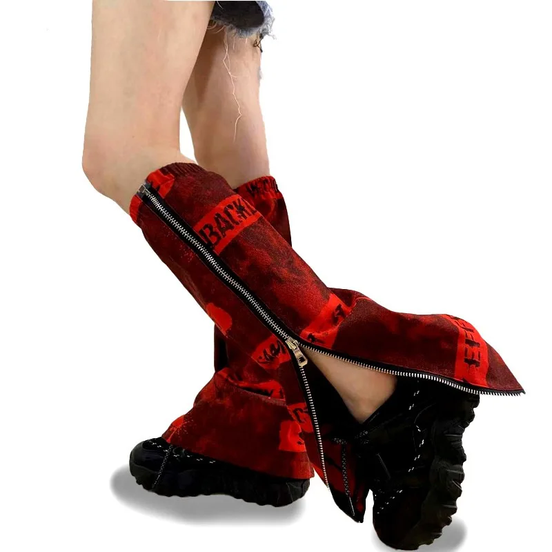

Harajuku Zipper Leg Warmer Japanese JK Girl Punk Scarlet Print Leg Sleeves Gothic Women Calf-length Socks Leg Warmers